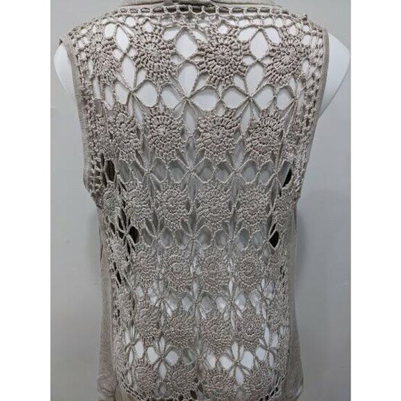 Vida Milano Size Large Sleeveless Cardigan Tan Cotton Blend Ribbed Crochet Boho - Picture 3 of 7